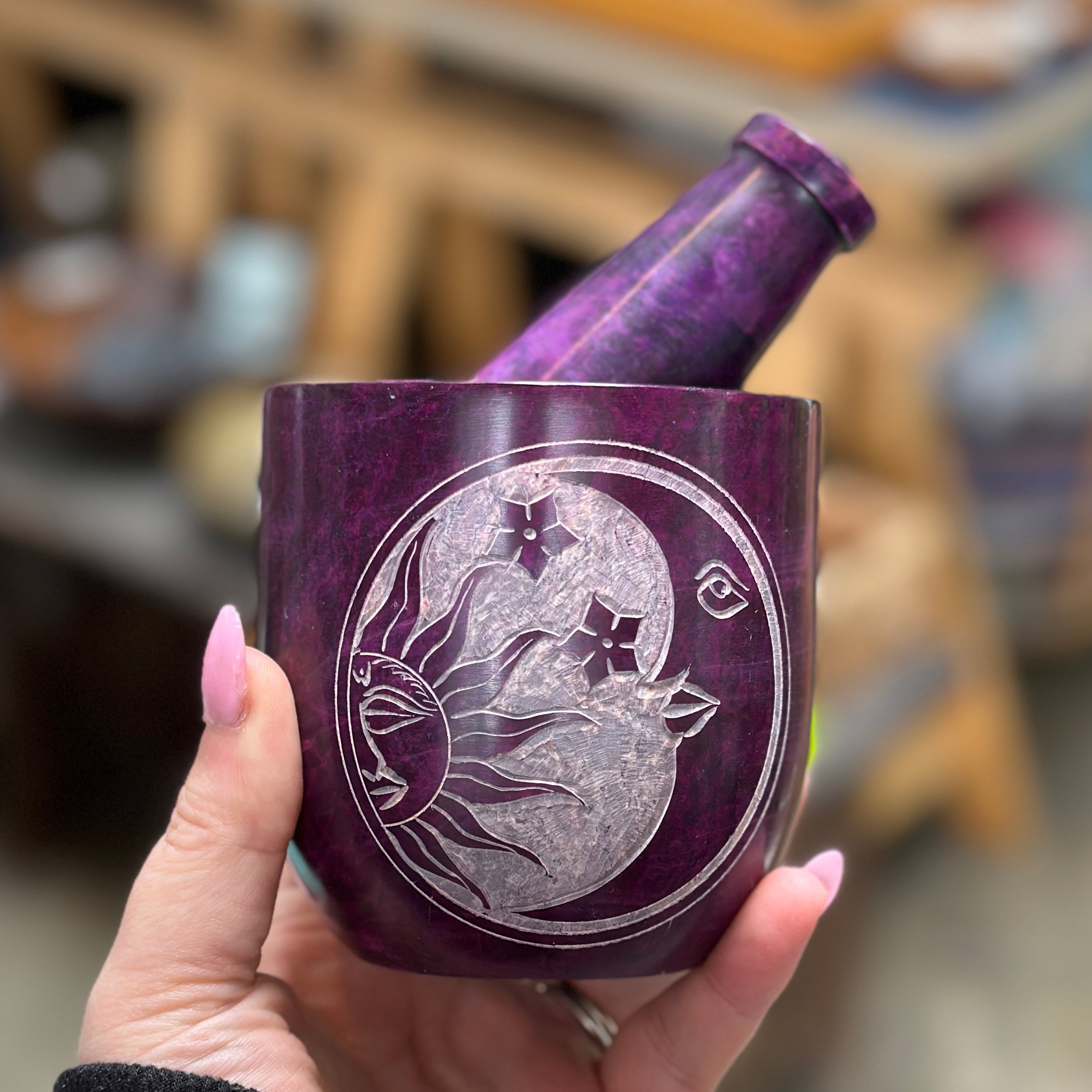 Purple Sun Moon and Stars Soapstone Mortar & Pestle