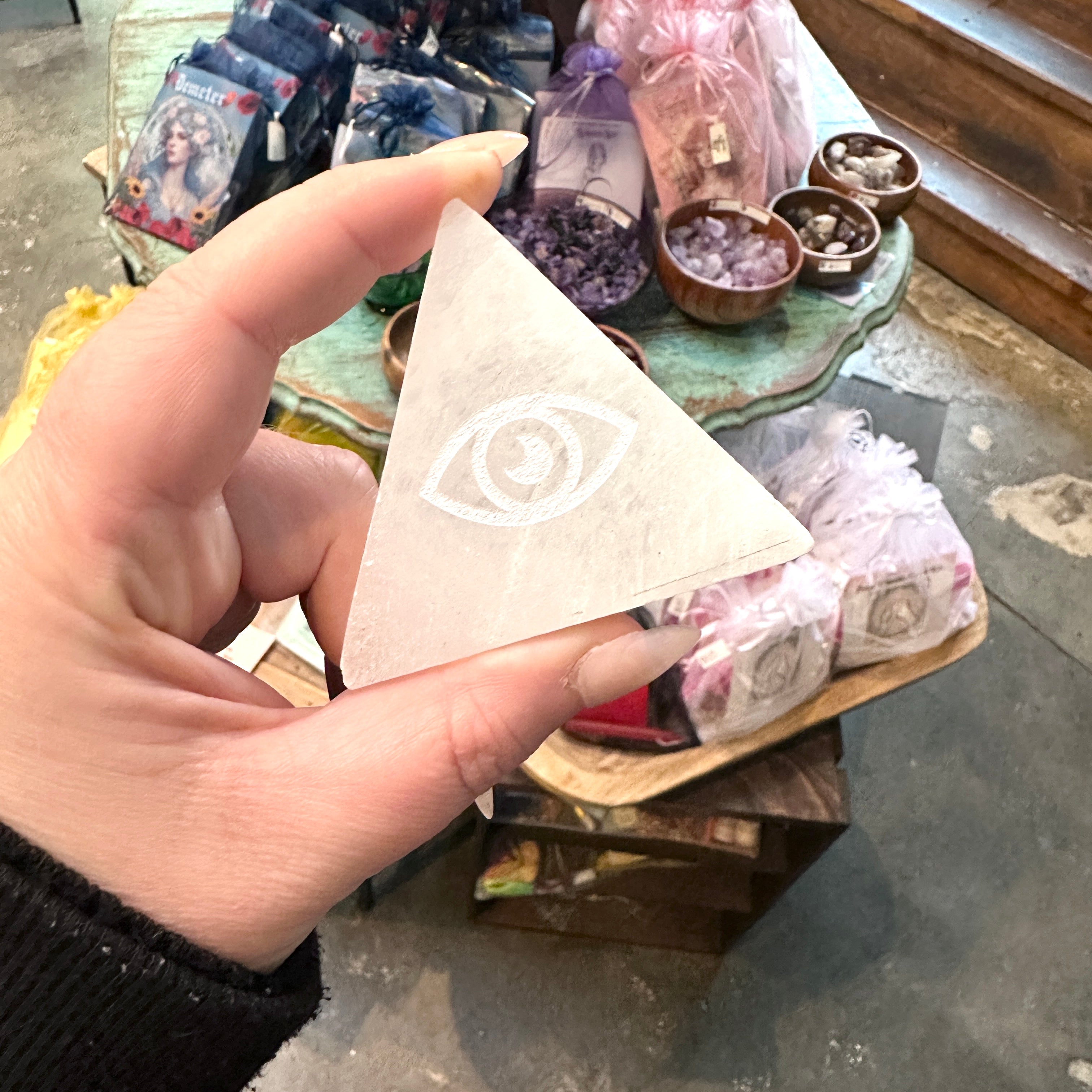 Selenite Satin Spar Evil Eye Triangles