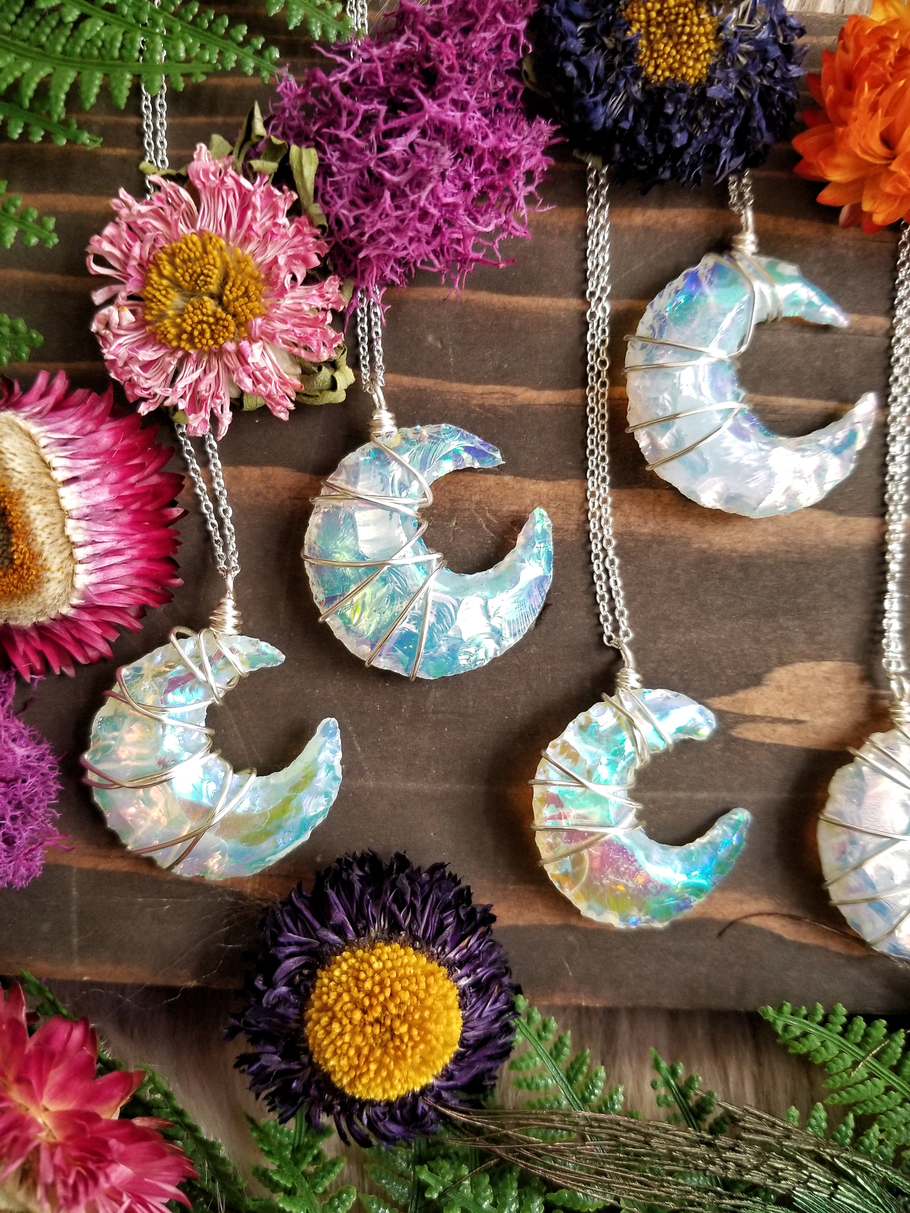 Aura Opalite Crescent Moon Wire Wrapped Necklace