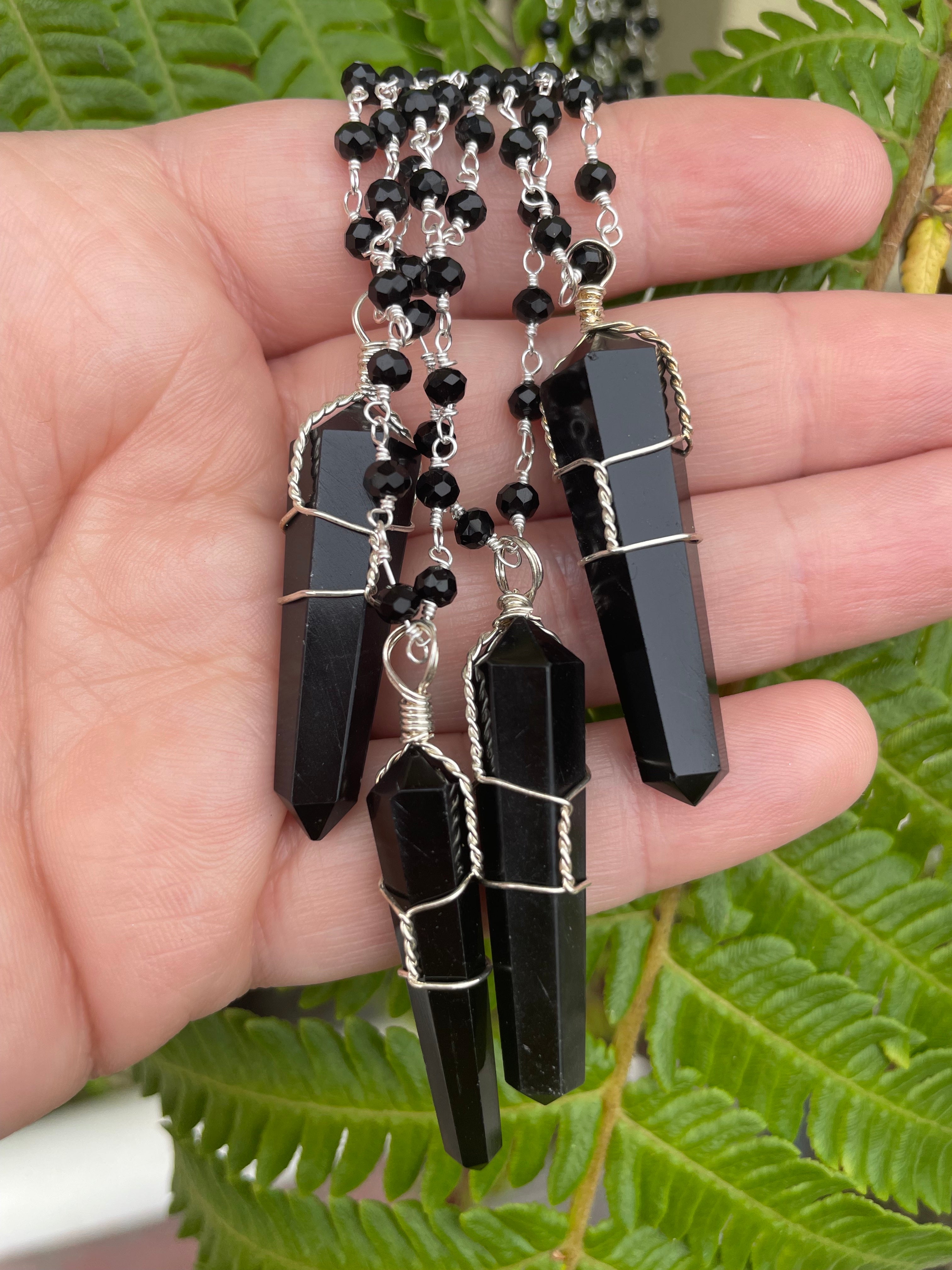 Obsidian Point Necklace with Beaded Chain