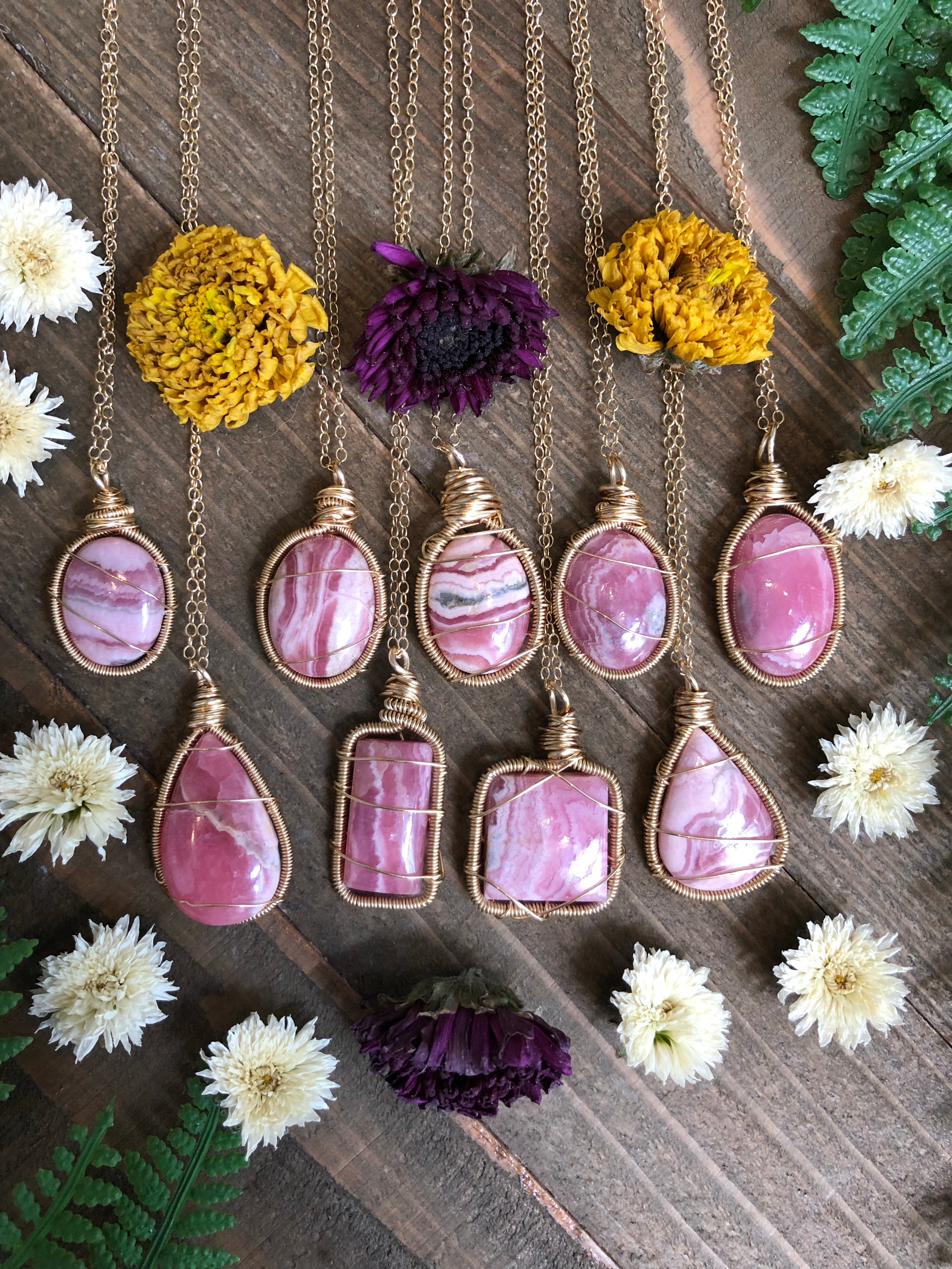 Rhodochrosite & Gold Wire Wrapped Necklace